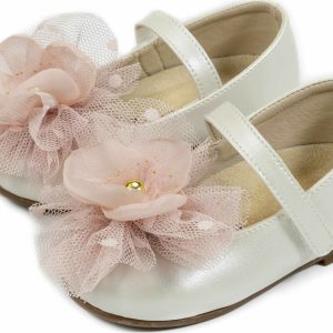 Babywalker Δερμάτινες Μπαλαρίνες Εκρού-Ροζ λουλούδι n*25